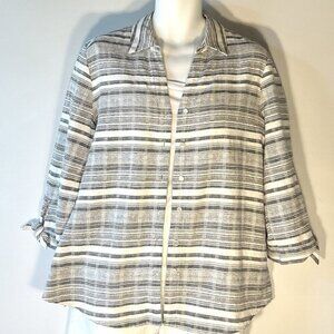 Anne Klein SZL Gray & White stripe linen Shirt Shacket Old Money Quiet Luxury